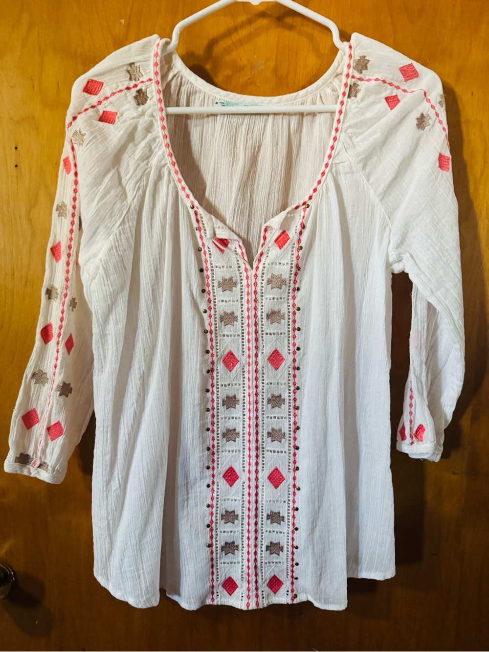 Maurices White Tunic with Pink & Taupe Embroidery